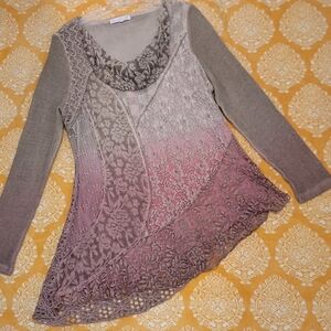 Keren Hart Crocheted And Lacey Ombrè Knit Women’s Long Sleeve Sweater/Shirt Sz L
